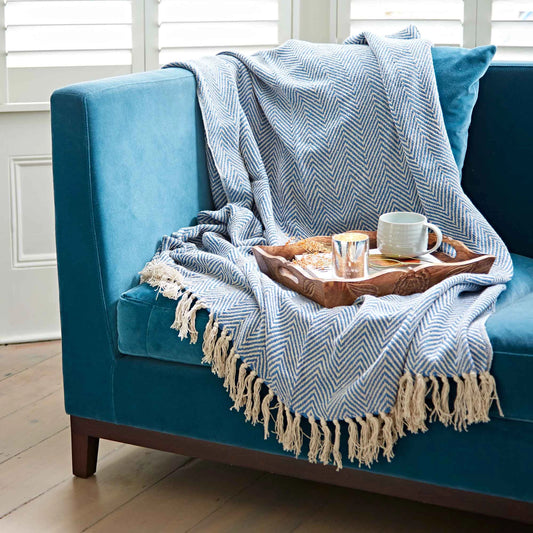 Recycled Woven Cotton Throw - Blue