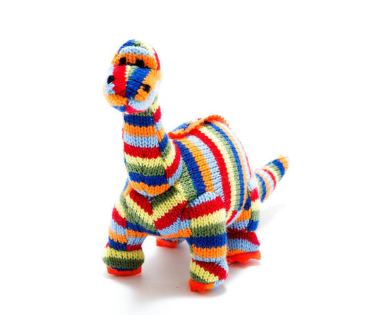 Diplodocus Knitted Baby Rattle - Rainbow