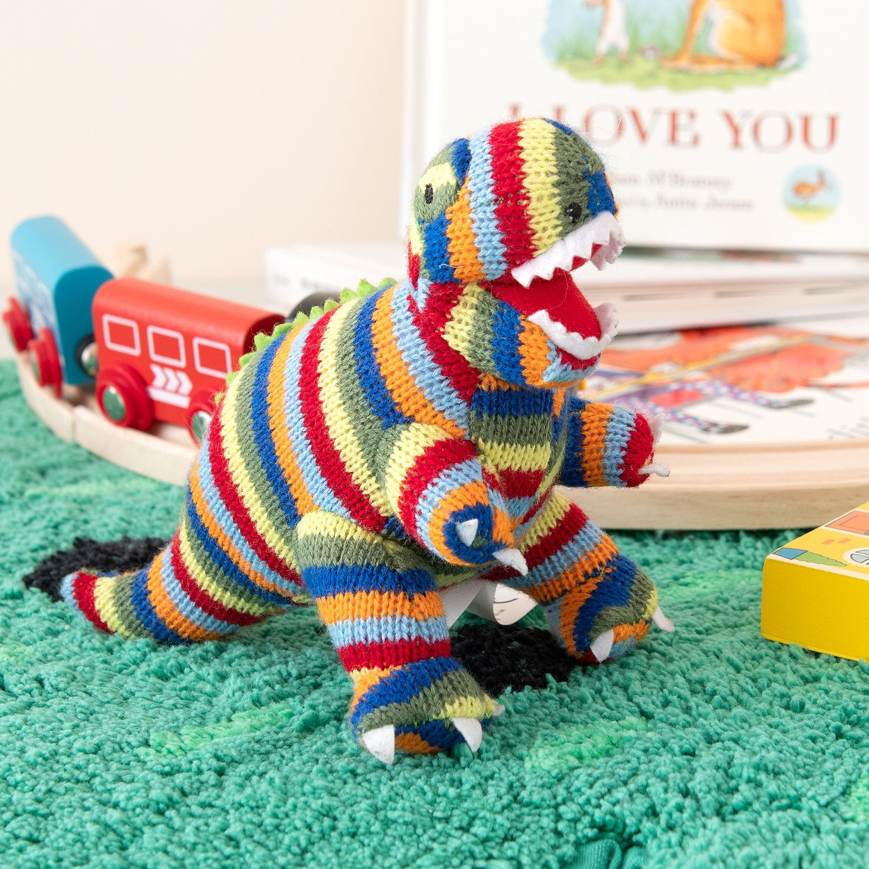 T-Rex Knitted Baby Rattle - Rainbow