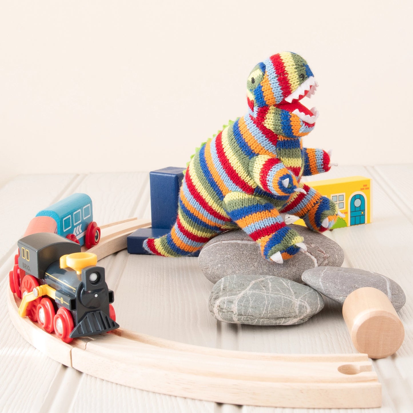 T-Rex Knitted Baby Rattle - Rainbow