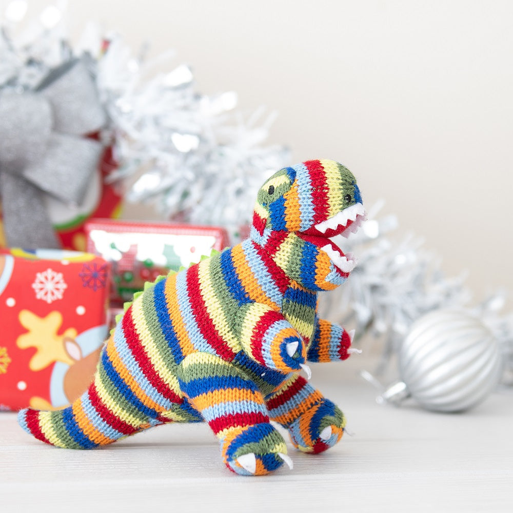 T-Rex Knitted Baby Rattle - Rainbow